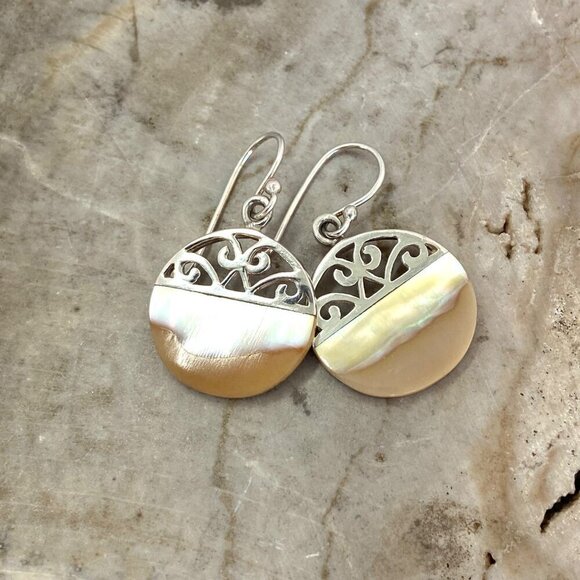 Sterling Silver 925 Round Mother Of Pearl MOP Scrollwork Accent Dangle Earrings - Picture 12 of 16